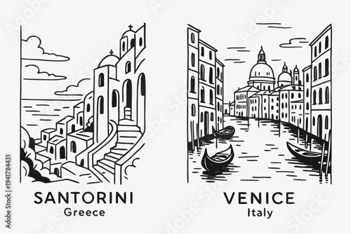 Santorini and Venice cityscape vector illustration with iconic architecture and canals
