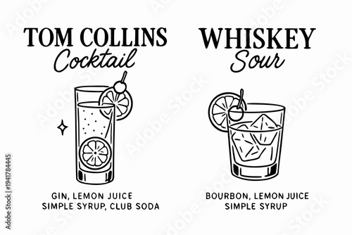 Vector illustration of Tom Collins and Whiskey Sour cocktails with ingredients listed