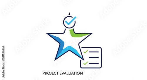 Star graphic with checklist and checkmark representing project evaluation silhouette