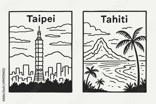 Stylized vector illustration featuring iconic landmarks of Taipei and Tahiti, showcasing cityscapes and tropical scenery in a minimalist flat design.