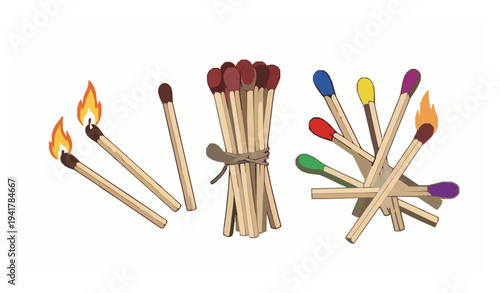 Hunting and colored nitre matchsticks vector icons for fire and survival
