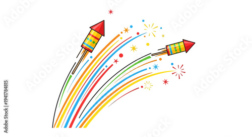 Colorful rockets launching with vibrant trails and fireworks explosion