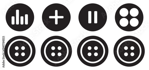 Assorted round black sewing buttons with varied hole designs icon set. vector illustration eps 10