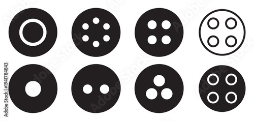 Fancy black sewing buttons with decorative edges and dotted borders icons. vector illustration eps 10