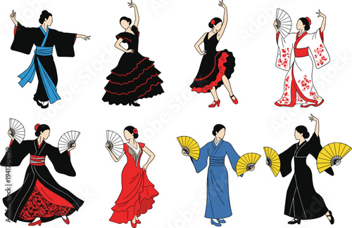 Flat vector illustration set of diverse women performing traditional cultural dances including flamenco and japanese fan dance in ethnic costumes