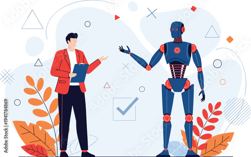Flat vector illustration of a businessman with a clipboard interacting with a modern humanoid robot for artificial intelligence and futuristic technology concepts