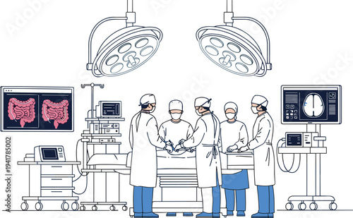 Professional surgical team performing medical procedure in modern operating room with advanced monitoring equipment and overhead surgical lights illustration