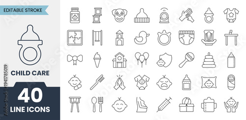 Child care line icons set with editable stroke. Containing pacifier, crib, toy, baby, family, kid, baby bottle and more. Vector illustration