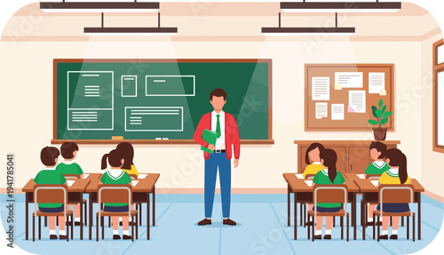 Male teacher standing in front of chalkboard with students sitting at desks in a modern classroom for elementary school education