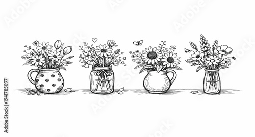Set of hand drawn, sketch style flowers in vases, baskets. La dolce vita cute vector illustrations. Design for wedding card, birthday, anniversary, holiday greetings. Flower shop concept. Bouquete