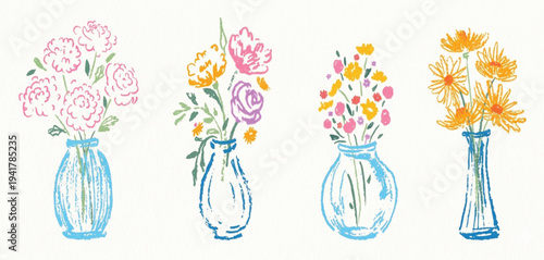 Hand drawn flowers in vases. Sketched style flower bouquets. Naive design. Spring, summer botanical art.
