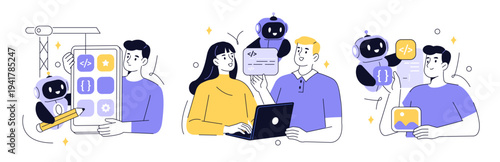 Characters using ai services for programming, vibe coding, application interface development. Artificial intelligence assisted business. Vector doodle illustration.
