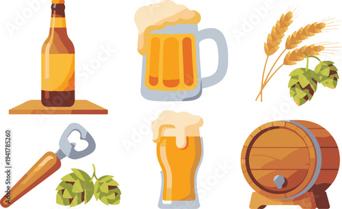 Brewing industry icons including hop plant wheat stalks and ale mug