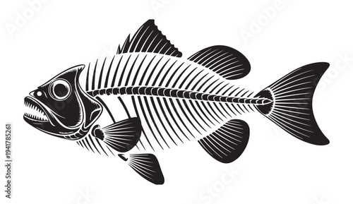 Fish skeleton black and white vector illustration isolated on white background for design element