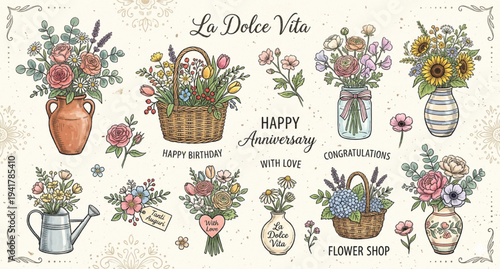 Set of hand drawn, sketch style flowers in vases, baskets. La dolce vita cute vector illustrations. Design for wedding card, birthday, anniversary, holiday greetings. Flower shop concept. Bouquete