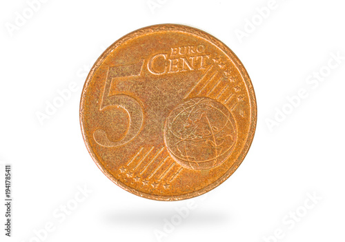 Photos Five euro cent coin closeup on white background