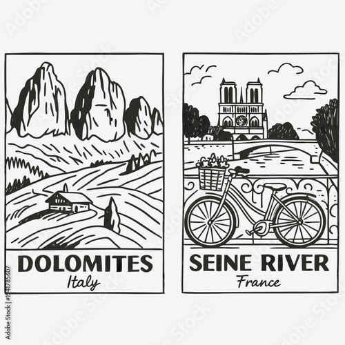 Travel destinations Dolomites Italy and Seine River France illustrated