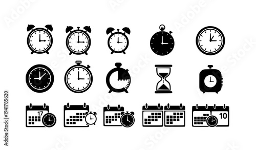Simple Black Time Management Icons Clock Timer Vector Pack