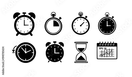 Modern Time and Clock Symbol Icon Set Black Vector Illustration
