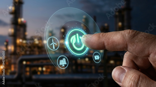 Wallpaper Mural Energy saving concept with finger pressing power button icon, renewable energy symbols, and industrial factory background at dusk Torontodigital.ca