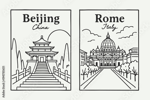Travel posters of Beijing China and Rome Italy landmarks