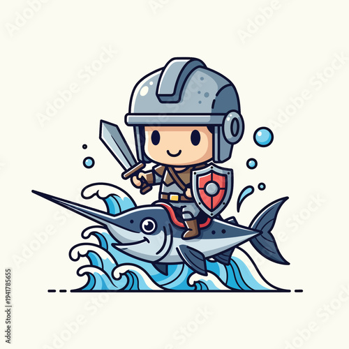 A cartoon knight with a sword and shield rides a swordfish through blue waves with bubbles against a cream background