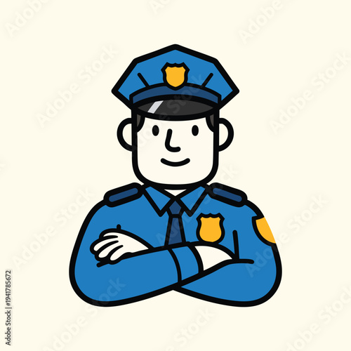 A cartoon officer with arms crossed is shown. He is in a blue uniform, hat, and badge. The background is a cream color