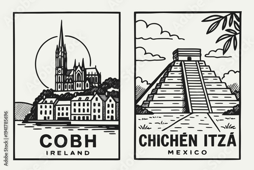 Vintage travel posters of Cobh Ireland and Chichen Itza Mexico