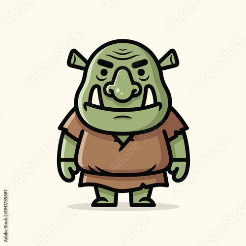 A cartoon ogre character in a brown tunic stands smiling with arms at his sides. He has green skin, large teeth and small ears