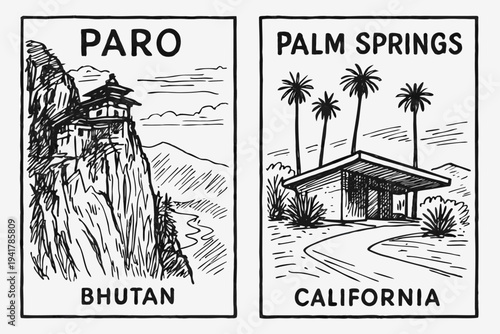 Stunning travel destinations Paro Bhutan and Palm Springs California