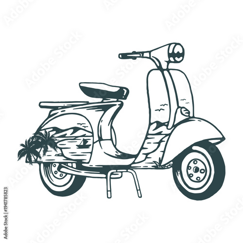 Vintage Scooter Design with Tropical Beach Landscape
