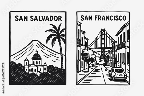 San Salvador and San Francisco city landmarks illustration