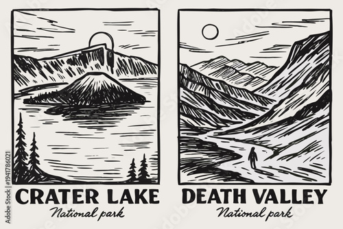 Vintage scratchboard style vector illustration featuring two iconic national park landscapes: Crater Lake and Death Valley, ideal for travel or retro design.
