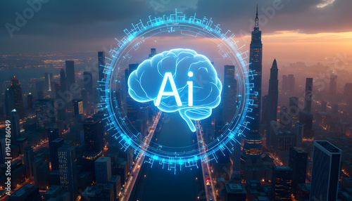 Futuristic Smart City with Artificial Intelligence and Digital Network Overlay, Urban Innovation, Data-Driven Infrastructure, AI Technology Concept