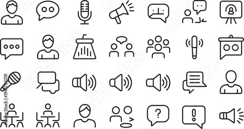 Set of black and white representing communication and public speaking concepts speech