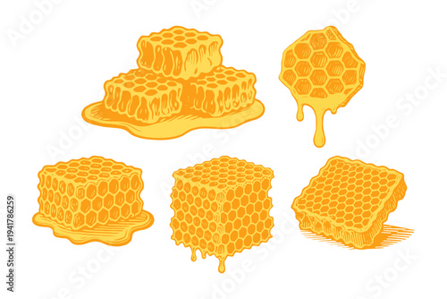 Multiple honeycomb chunks with dripping honey in hand-drawn style on white background, illustrating natural sweetness and organic food