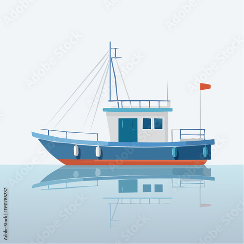 Fishing Boat Illustration Floating on Calm Water with Reflection