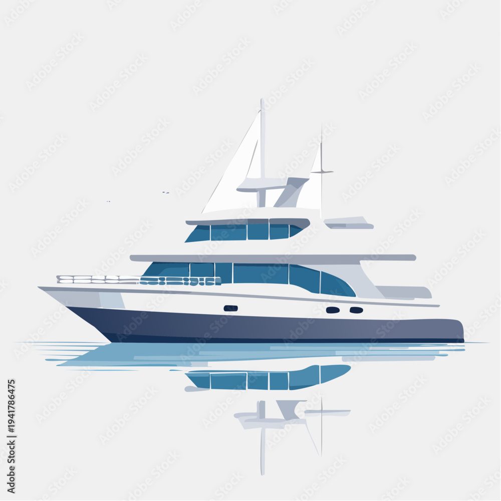 Fototapeta premium Modern White Luxury Yacht Cruising Serene Waters with Elegant Reflection, Representing Wealth and Leisure