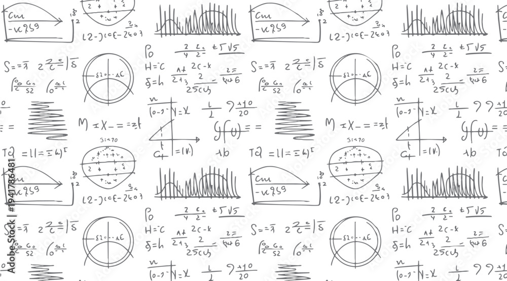 Fototapeta premium Handwritten mathematical equations and graphs on a white background with a seamless pattern of scientific formulas and diagrams