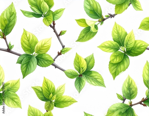 Seamless repeating botanical pattern with fresh green spring leaves and small branches on white background for nature inspired design