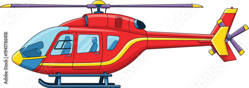 Red and yellow modern helicopter vector illustration side view isolated on white background for emergency rescue aviation and air transportation concepts