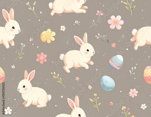 Seamless Easter pattern with cute bunnies, pastel decorated eggs, and spring flowers on a neutral background for holiday textiles and wrapping paper
