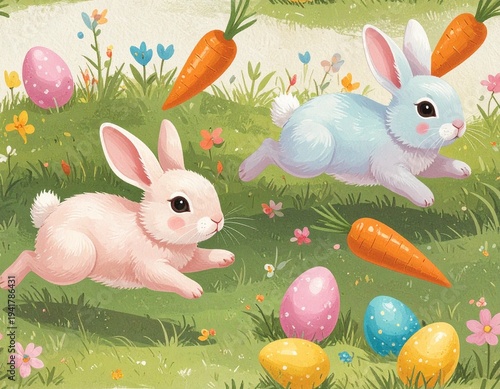 Seamless repeating pattern with cute pastel rabbits, carrots, and Easter eggs on spring grass background, perfect for Easter and spring holiday designs