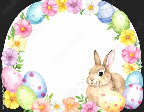 Cute Easter photo frame with watercolor bunny, colorful eggs, and spring flowers border for kids and family holiday greetings or invitations