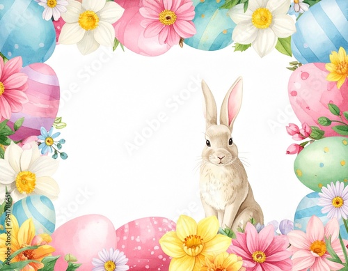 Cute Easter photo frame with bunny, colorful eggs and spring flowers, watercolor illustration for kids and holiday greeting card design
