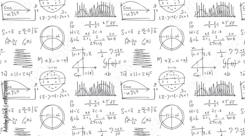 Handwritten mathematical equations and graphs on a white background with a seamless pattern of scientific formulas and diagrams