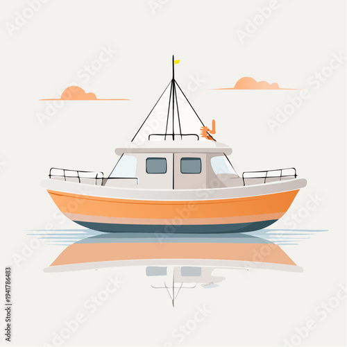 Commercial fishing boat on calm water with reflection, isolated illustration