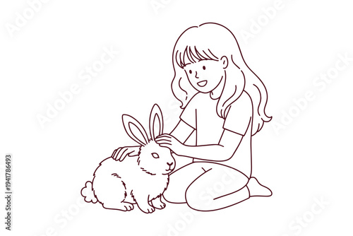 Little girl playing with real white rabbit in the garden coloring page for kids to learn about animal care and spring nature