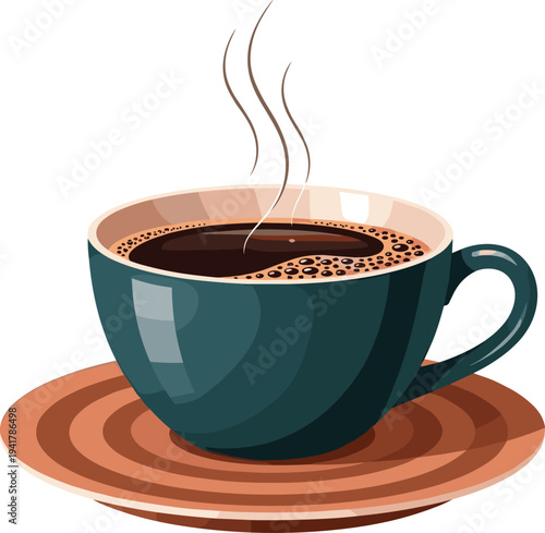 Steaming coffee cup and saucer vector illustration featuring a teal mug with dark coffee and steam wisps in flat design