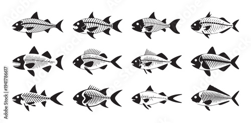 Collection of twelve stylized fish skeleton icons in various poses and styles vector graphic